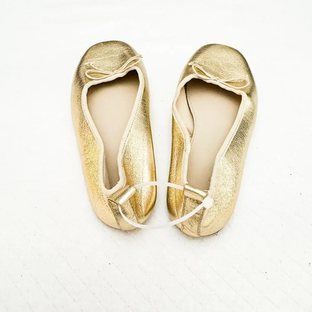 Zara Square Toe Flat Sandal Bow Front Accent Metallic Gold Size 36 EUC